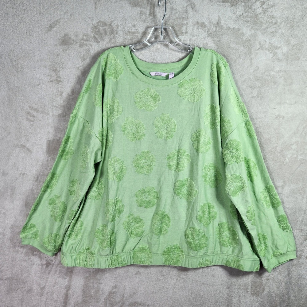 AnyBody Crewneck Women 2X Meadow Green Hibiscus Jaquard French Terry Top A648901